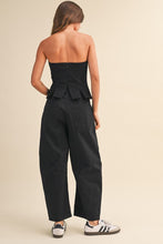Load image into Gallery viewer, Pleated Strapless Peplum Barrel Jumpsuit- Black
