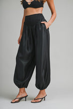 Load image into Gallery viewer, Shimmer Finish Satin Pants With Smocked Waistband- Black
