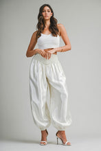 Load image into Gallery viewer, Shimmer Finish Satin Pants With Smocked Waistband- Ecru
