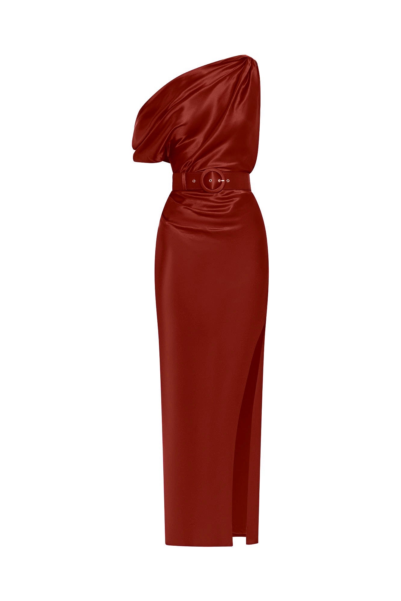 knee length dresses for ladies One Shoulder Ruched Satin Gown In Cinnamon main image 1