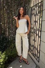 Load image into Gallery viewer, Cream Striped Strapless Peplum Top + Barrel Pant Set
