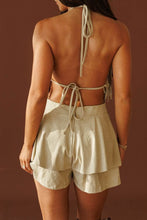 Load image into Gallery viewer, Fringed Suede Cowl Halter Neck Ruffled Romper- Ivory
