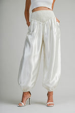 Load image into Gallery viewer, Shimmer Finish Satin Pants With Smocked Waistband- Ecru
