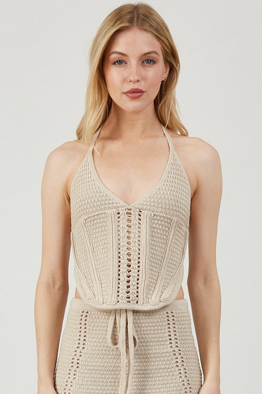 Crochet Corset Halter Top- Taupe