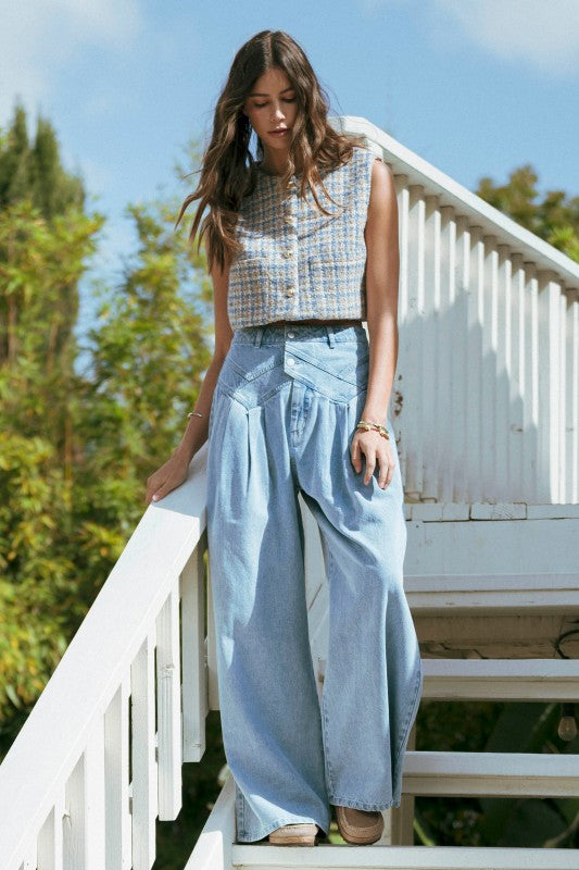 Denim High Waist Pintuck Wide Leg Jeans