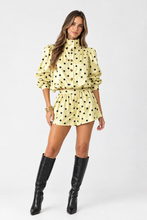 Load image into Gallery viewer, Yellow Polkadot Mock Neck Bubble Jacket + Peplum Skort Set
