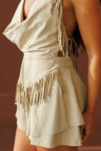 Load image into Gallery viewer, Fringed Suede Cowl Halter Neck Ruffled Romper- Ivory
