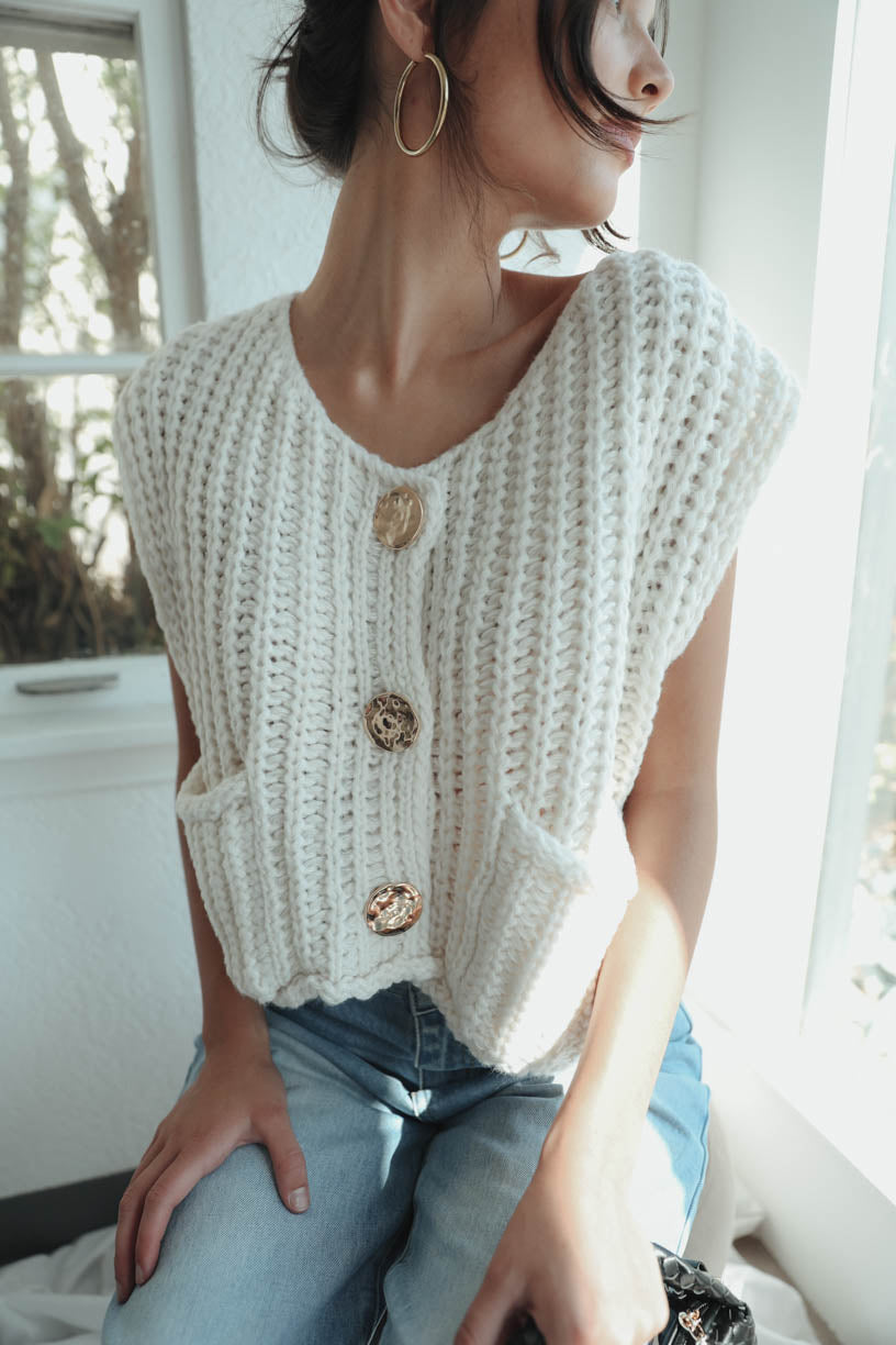 Gold Buttons Beige Sweater Vest