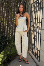 Load image into Gallery viewer, Cream Striped Strapless Peplum Top + Barrel Pant Set
