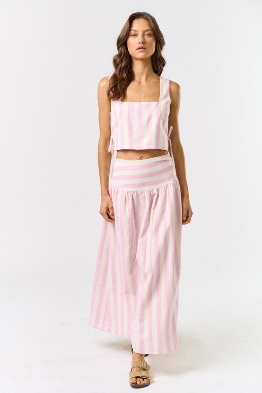 Pink Linen Striped Skirt Set