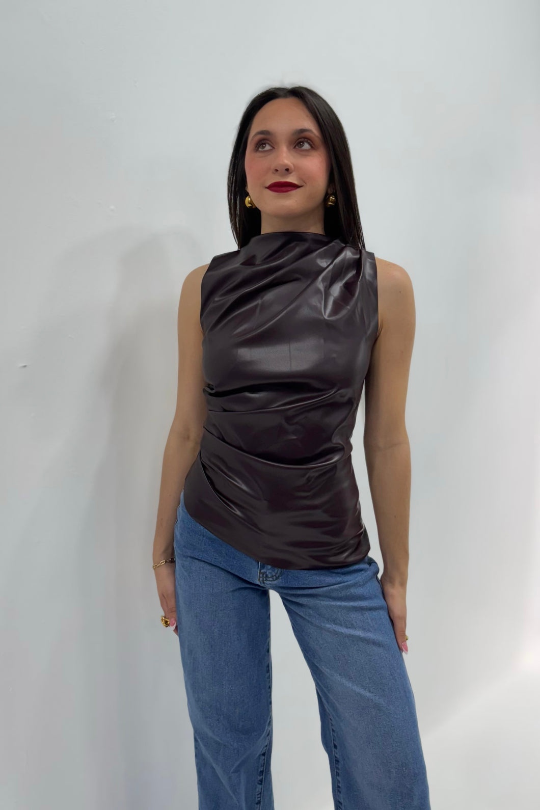 Cabernet Leather Mock Neck Top