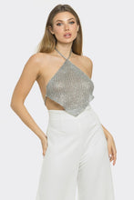 Load image into Gallery viewer, Silver Sequin Knit Halter Tie Top
