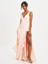 Load image into Gallery viewer, Tala Peach Ruched Waist Double High Slit Maxi Gown
