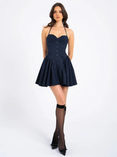 Load image into Gallery viewer, Navy Blue Pinstripe Halter Drop Waist Mini Dress
