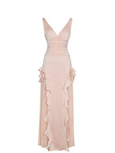 Load image into Gallery viewer, Tala Peach Ruched Waist Double High Slit Maxi Gown
