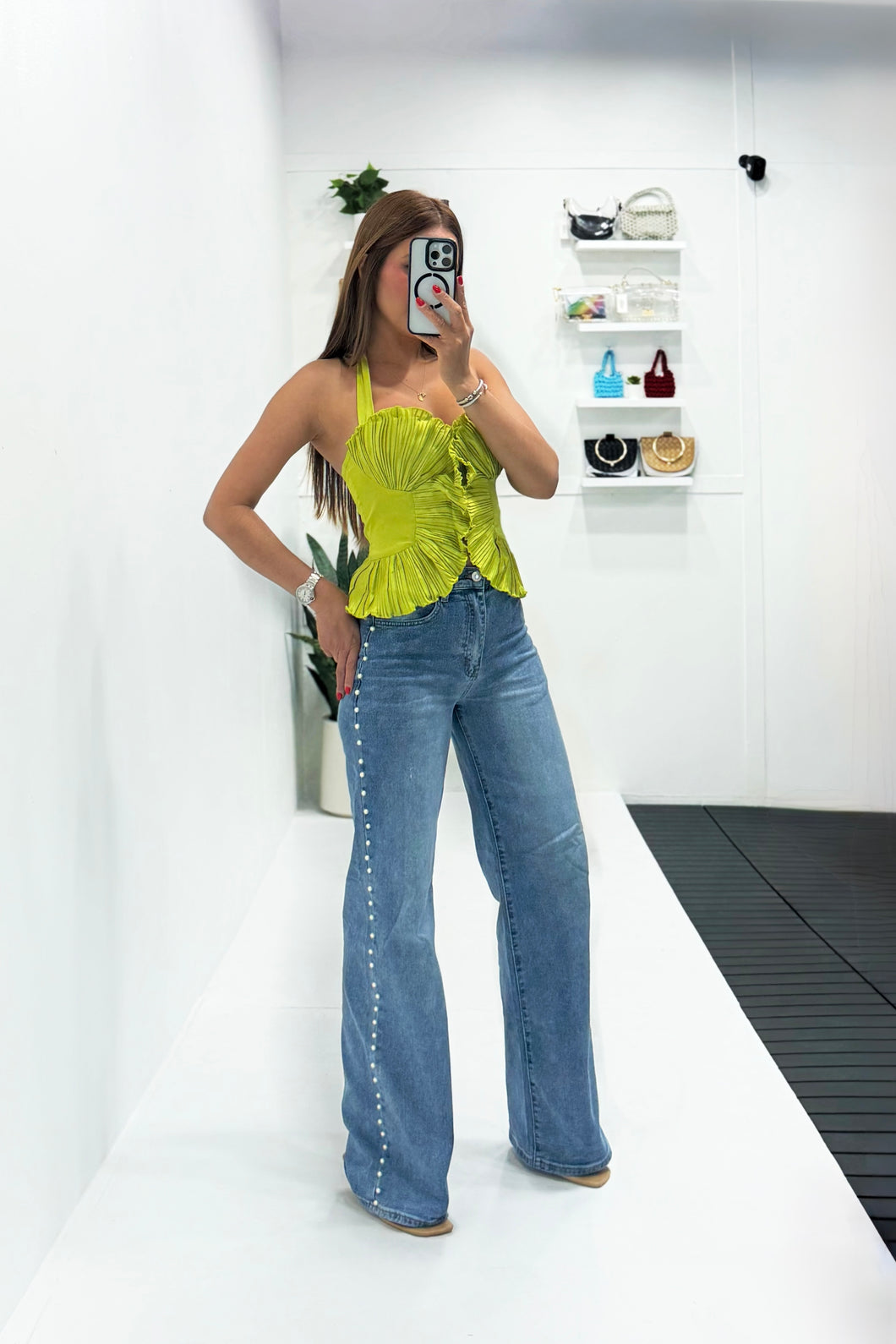 Embedded Pearl Wide Leg Denim Pant