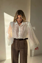 Load image into Gallery viewer, Ivory Polka Dot Silk Blouse With Balloon Sleeves
