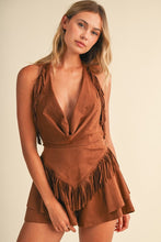 Load image into Gallery viewer, Fringed Suede Cowl Halter Neck Ruffled Romper- Camel
