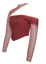 Load image into Gallery viewer, Burgundy Mesh Sleeve Corset Top
