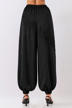 Load image into Gallery viewer, Black Lace Detail Draped Harem Pants
