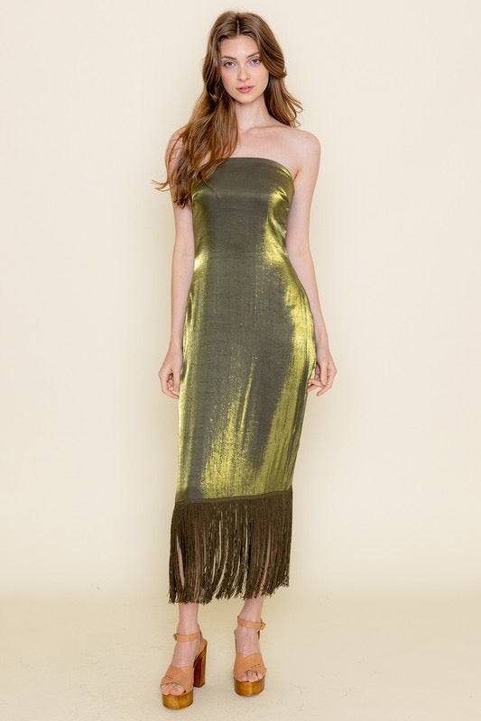 Olive Shimmer Fringe Dress