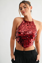 Load image into Gallery viewer, Burgundy Starlit Sequin Tie Back Top
