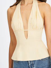 Load image into Gallery viewer, Quinzella Butter Yellow Linen Plunging Halter Top

