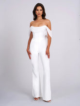 Load image into Gallery viewer, White Off Shoulder Flared Crepe Jumpsuit

