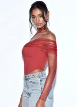 Load image into Gallery viewer, Burgundy Mesh Sleeve Corset Top
