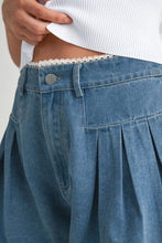Load image into Gallery viewer, Lace Trim Pleated Denim Shorts
