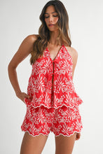 Load image into Gallery viewer, Red Embroidered Tie Top + Short Set
