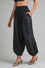 Load image into Gallery viewer, Shimmer Finish Satin Pants With Smocked Waistband- Black
