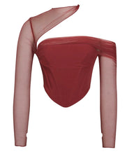 Load image into Gallery viewer, Burgundy Mesh Sleeve Corset Top

