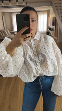 Load image into Gallery viewer, Ivory Polka Dot Silk Blouse With Balloon Sleeves
