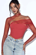 Load image into Gallery viewer, Burgundy Mesh Sleeve Corset Top
