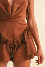 Load image into Gallery viewer, Fringed Suede Cowl Halter Neck Ruffled Romper- Camel
