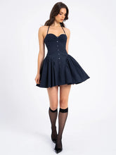 Load image into Gallery viewer, Navy Blue Pinstripe Halter Drop Waist Mini Dress
