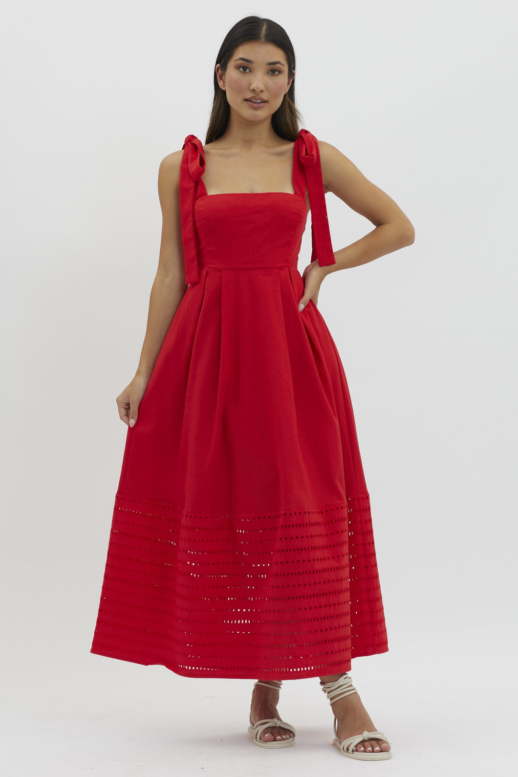 Red Linen Tie Shoulder Dress