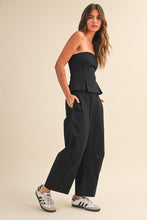 Load image into Gallery viewer, Pleated Strapless Peplum Barrel Jumpsuit- Black

