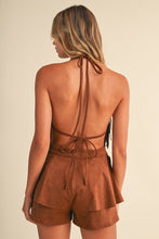 Load image into Gallery viewer, Fringed Suede Cowl Halter Neck Ruffled Romper- Camel
