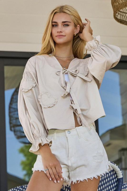 Ecru Front Tie Poplin Top