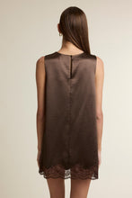 Load image into Gallery viewer, Espresso Satin Sleeveless Lace Trim Mini Dress
