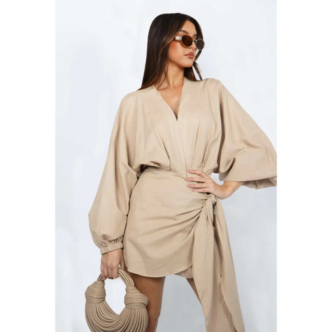 Taupe Linen Wrap Dress L