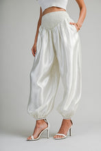 Load image into Gallery viewer, Shimmer Finish Satin Pants With Smocked Waistband- Ecru
