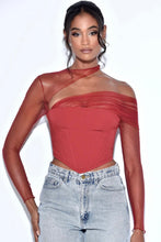 Load image into Gallery viewer, Burgundy Mesh Sleeve Corset Top
