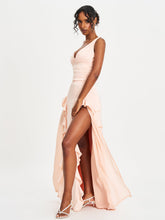 Load image into Gallery viewer, Tala Peach Ruched Waist Double High Slit Maxi Gown
