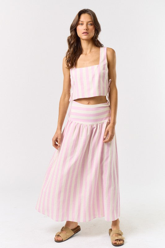 Pink Linen Striped Skirt Set