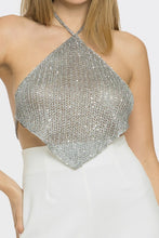 Load image into Gallery viewer, Silver Sequin Knit Halter Tie Top
