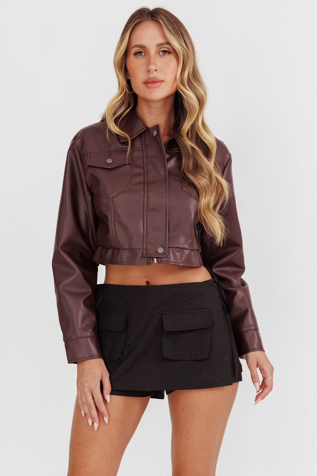 Brown Cabernet Faux Leather Crop Jacket