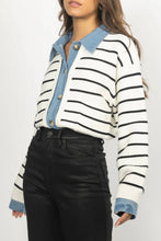 Load image into Gallery viewer, Striped Combination Denim Knit Cardigan Jacket
